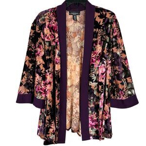 VTG Floral Velvet Burnout Cardigan Jacket Open Front Sz 22 2X Purple Boho Hippie